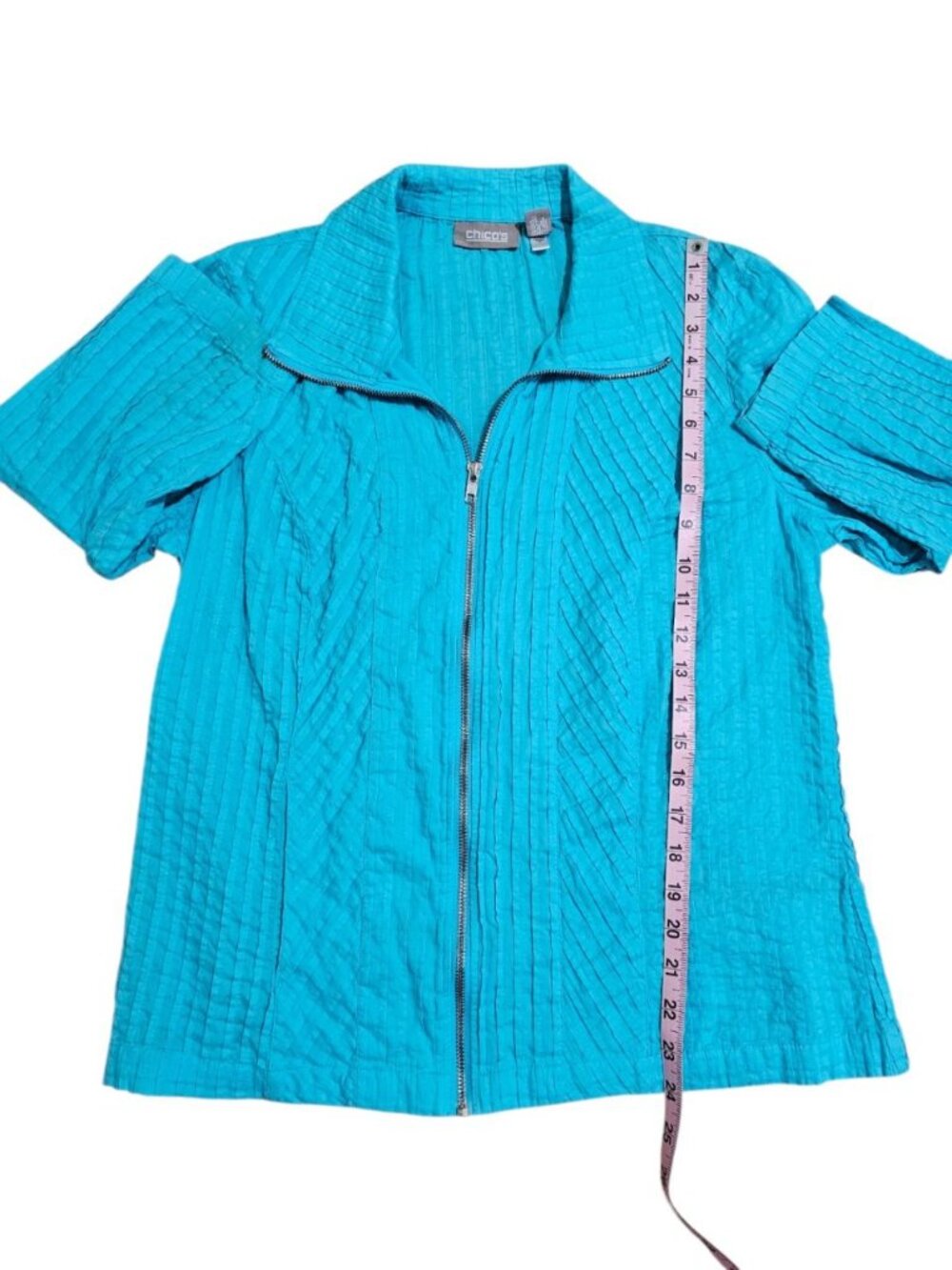 Chico's Women Size 2 Top Jacket Turquoise Cotton Pleated Full Zip Archive Luxury - Picture 6 of 6